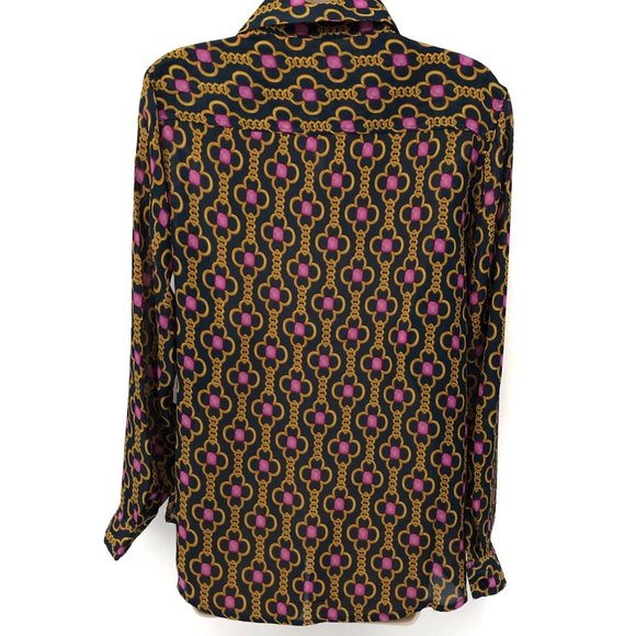 NWT Larsen Gray Womens Black Chain Print Button Front Blouse Size M - Picture 2 of 7